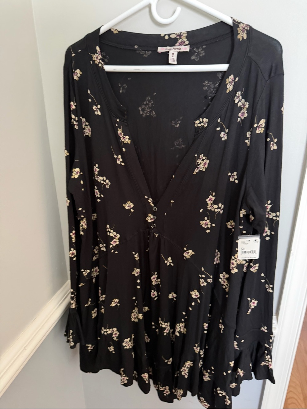 Free People Black Floral V-Neck Top